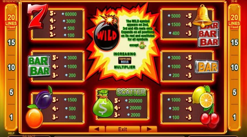Screenshot of the Paytable of 20 Hot Blast Slot
