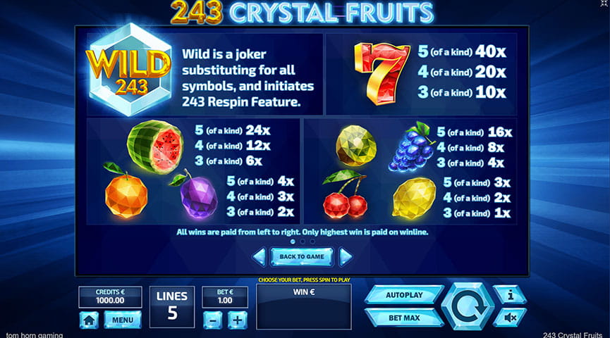 Paytable of 243 Crystal Fruits Slot