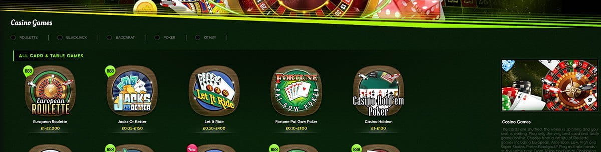 The Table Games Catalogue in 888casino