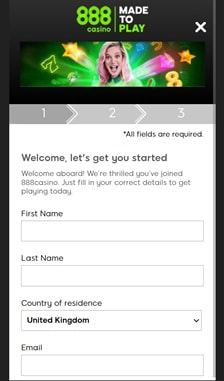 888casino Registration Step 1