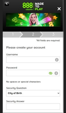 888casino Registration Step 2