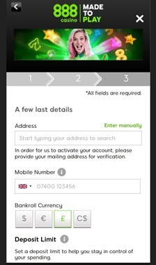 888casino Registration Step 3