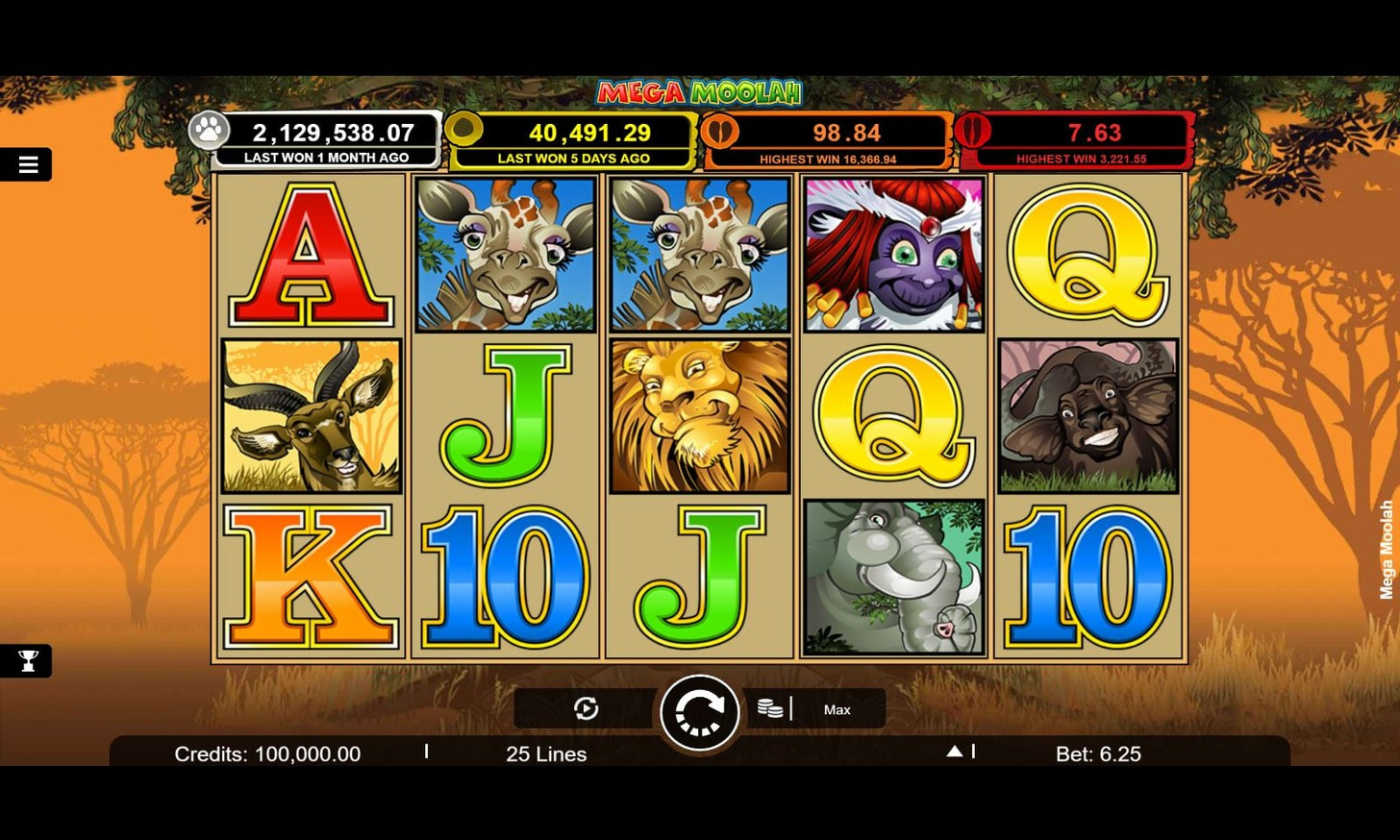 Screenshot showing Mega Moolah slot in play