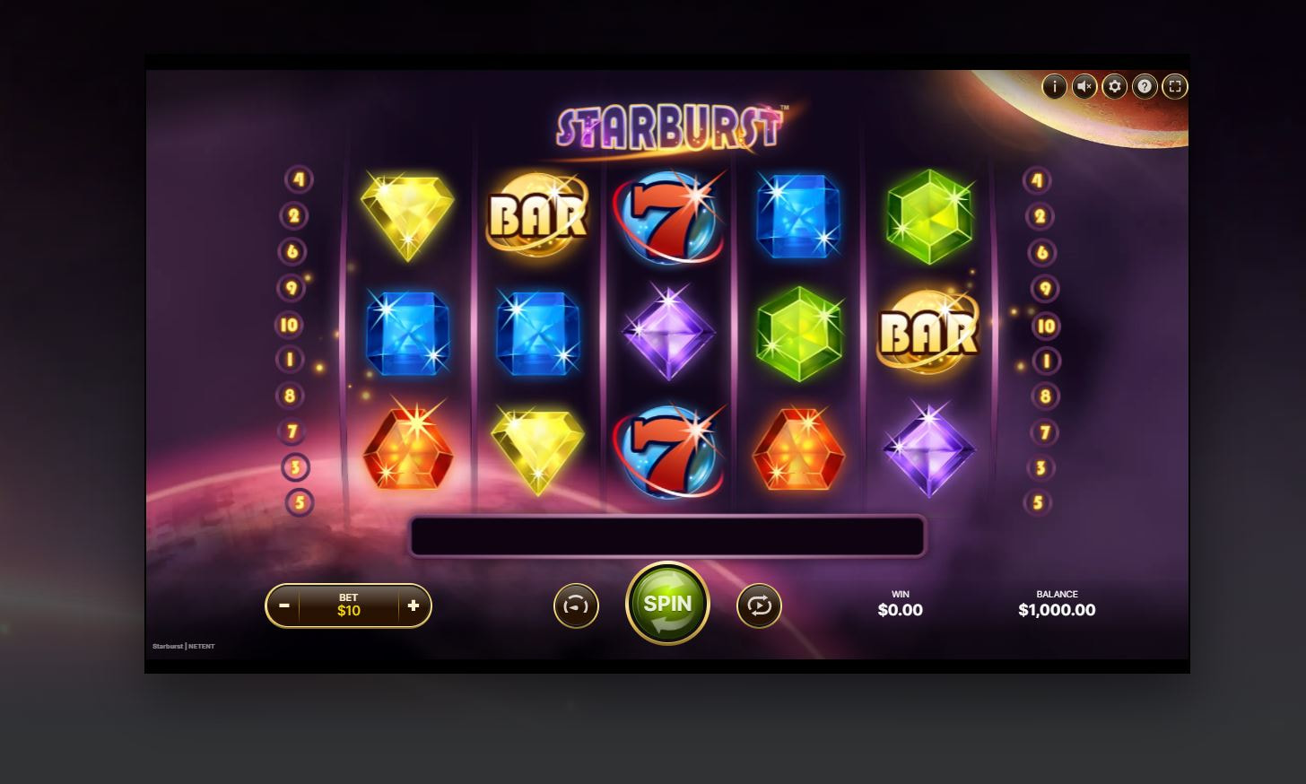 Screenshot showing Starbust slot in play