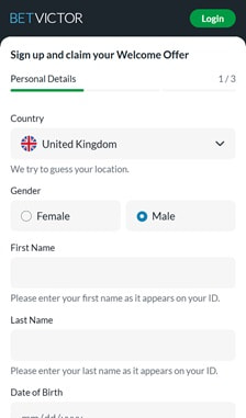 BetVictor Registration Step 1