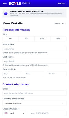 Boylesports Registration Step 1