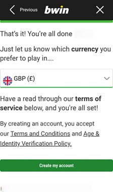 bwin Registration Step 3