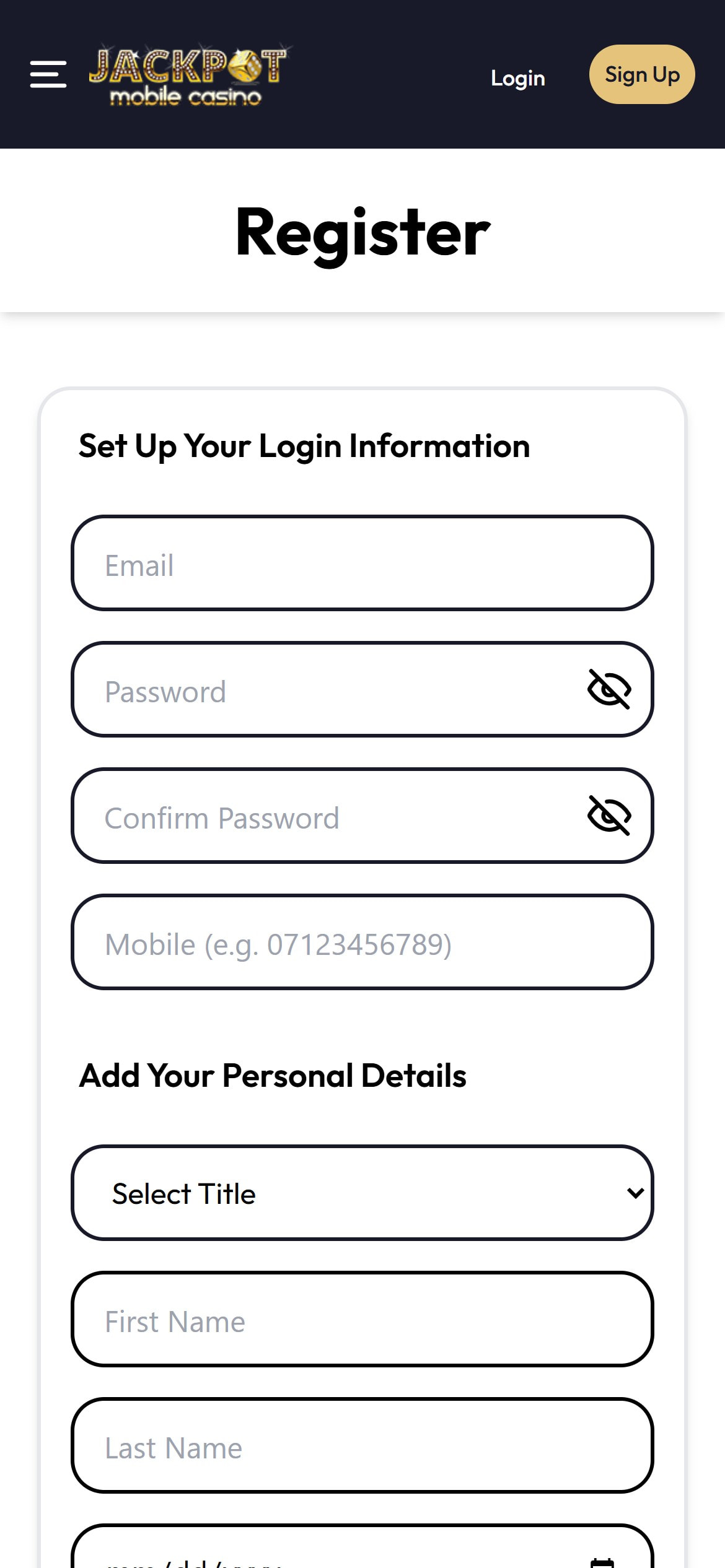 Jackpot Mobile Registration Step 2