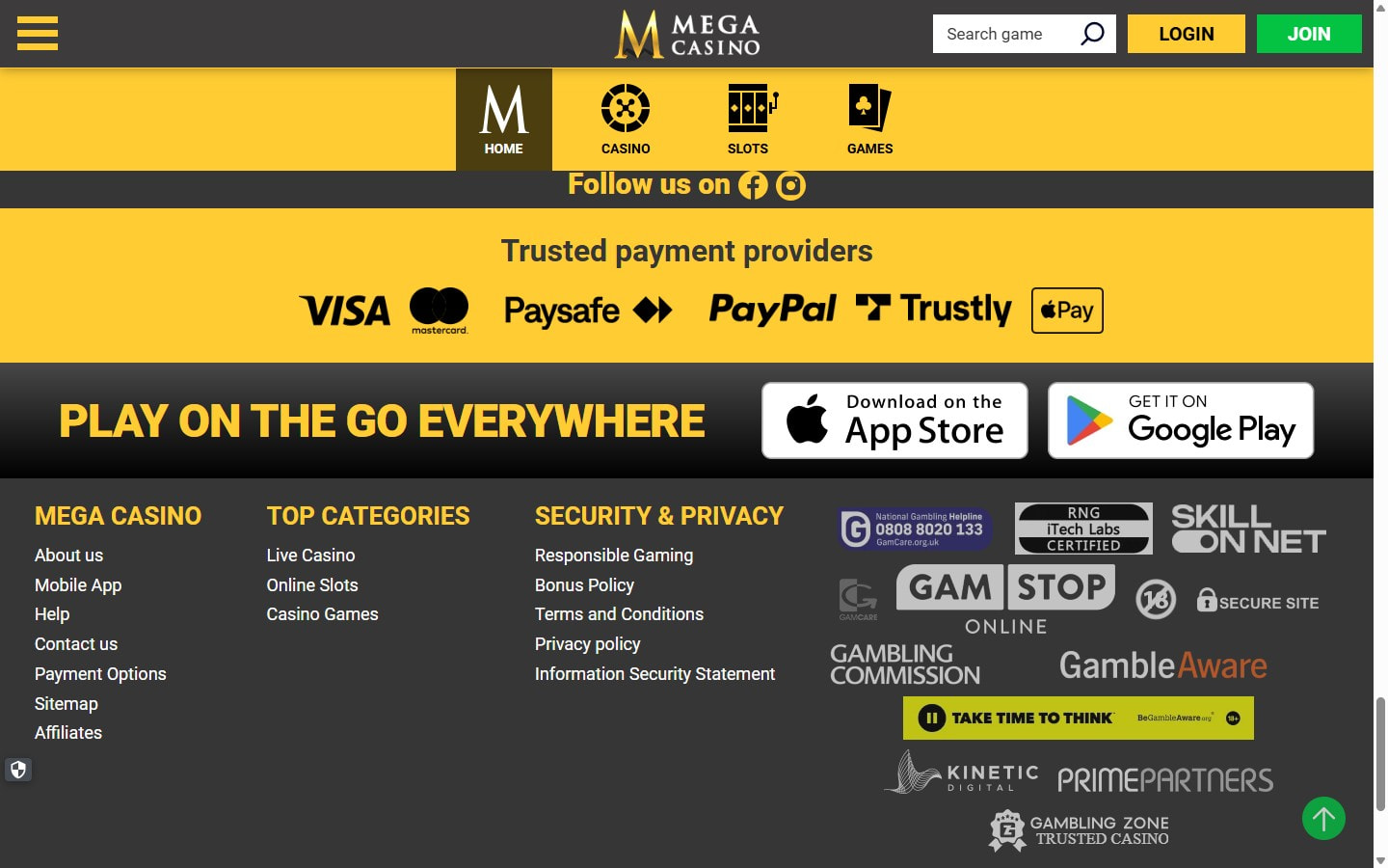 Mega Casino Main Page
