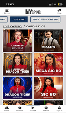 NYSpins Card & Dice Games Overview