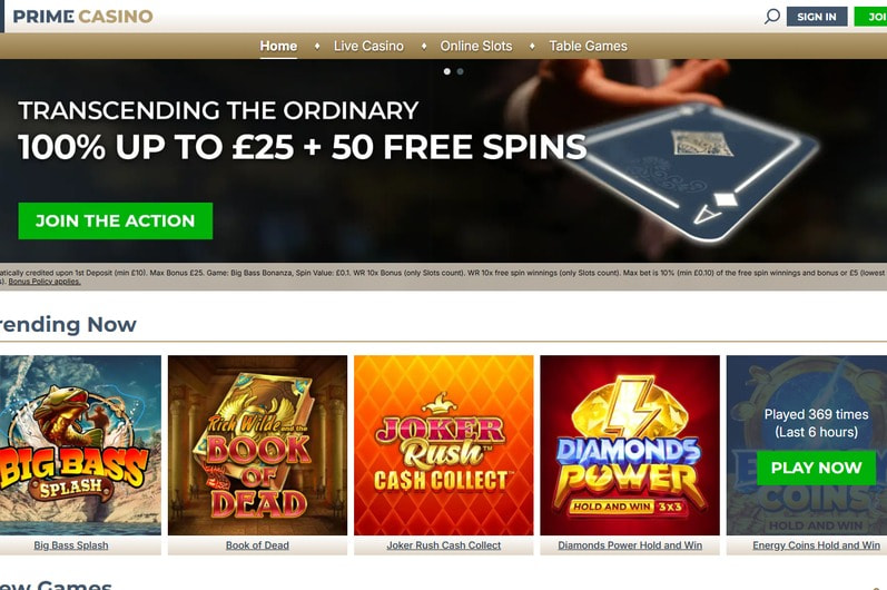 Prime Casino Homepage