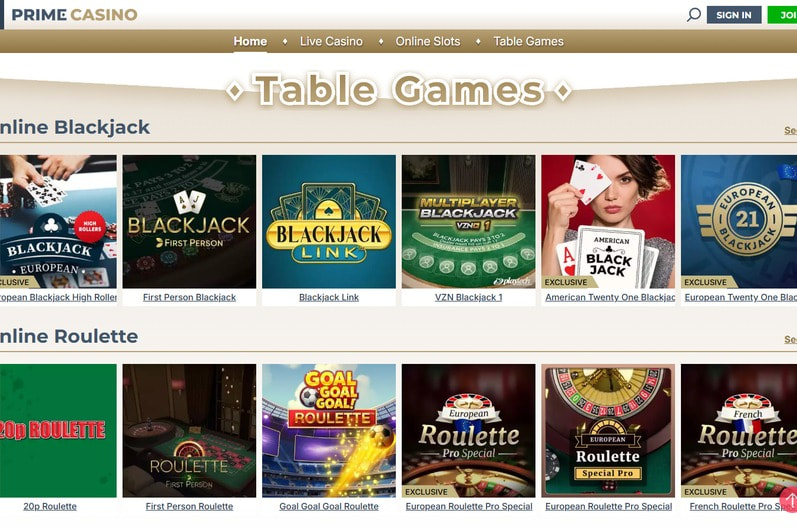Prime Casino Main Page