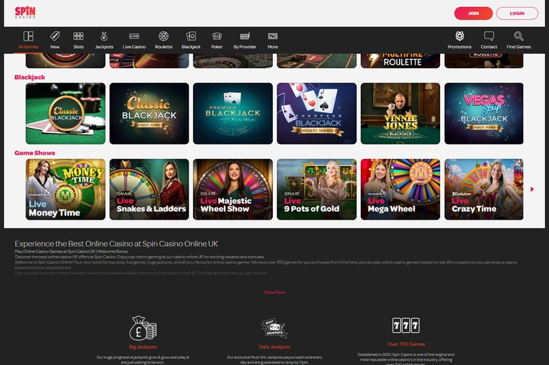 Spin Casino Main Page