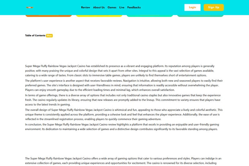 Super Mega Fluffy Rainbow Vegas Jackpot Main Page