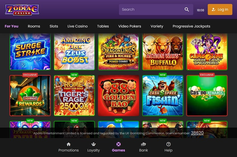 Zodiac Casino Homepage