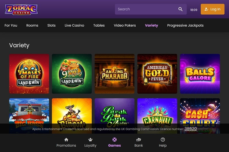 Zodiac Casino Main Page