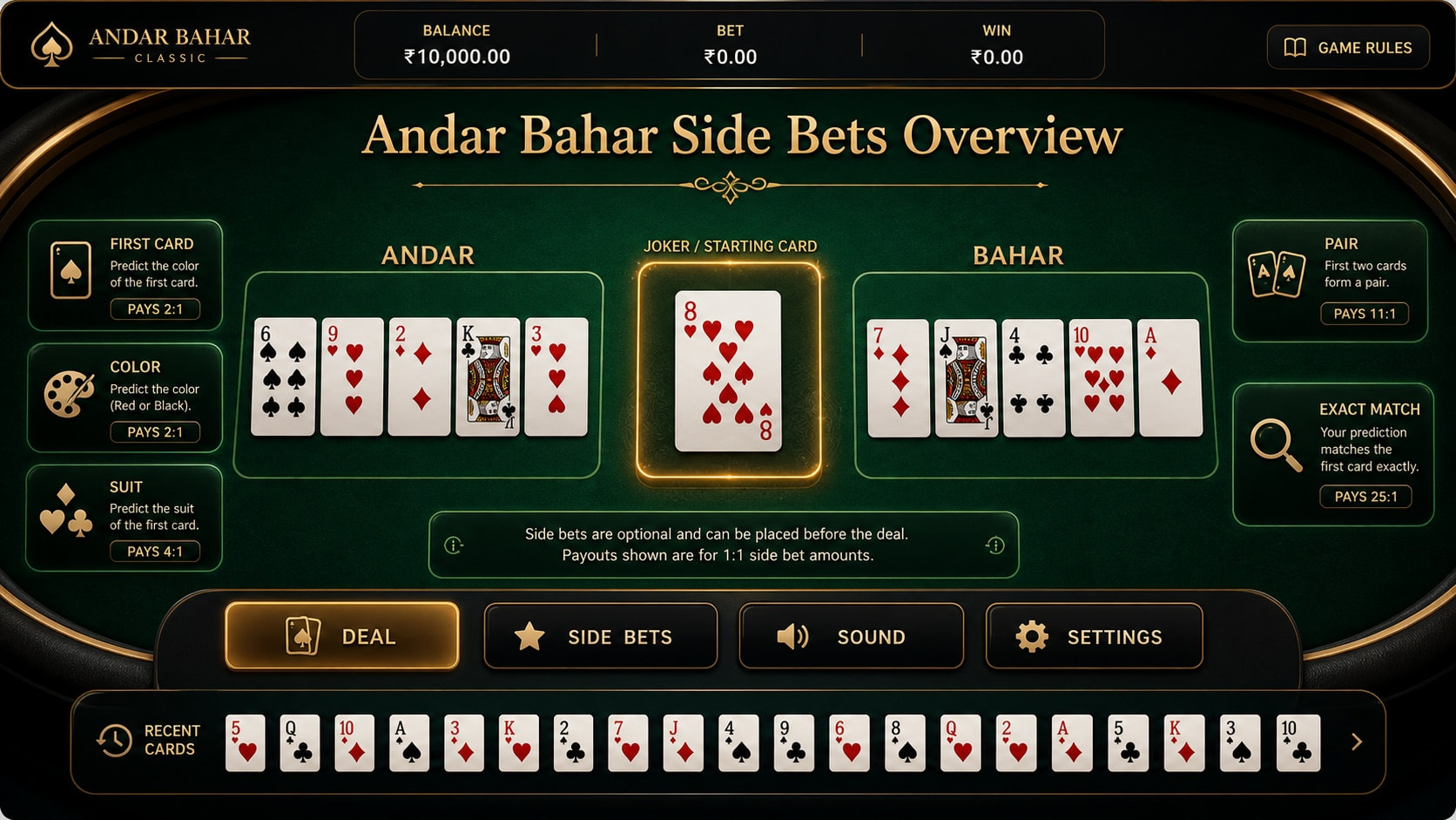 RNG Andar Bahar with side bets and fast-play options