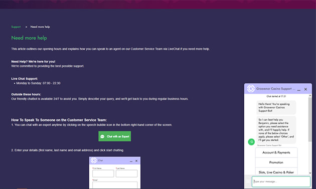 Online casino live chat support dialogue showing customer service interaction