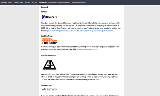 Online casino customer support options including GamCare, Gambling Therapy, and Gamblers Anonymous