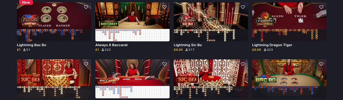 Different Baccarat and casino game variants including Lightning Baccarat, Sic Bo, and Dragon Tiger