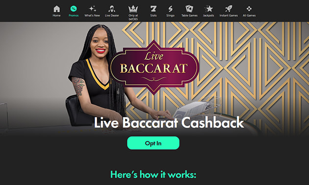 Live Baccarat cashback feature promotion with dealer and opt-in option
