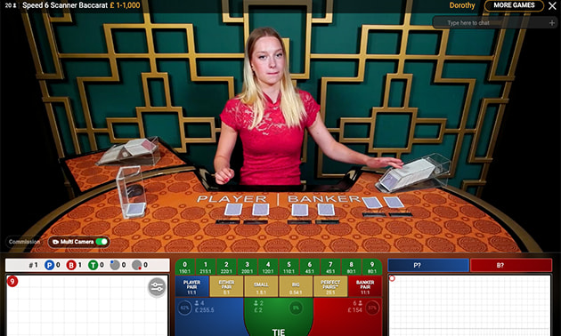 Live Baccarat online casino table with dealer and betting layout