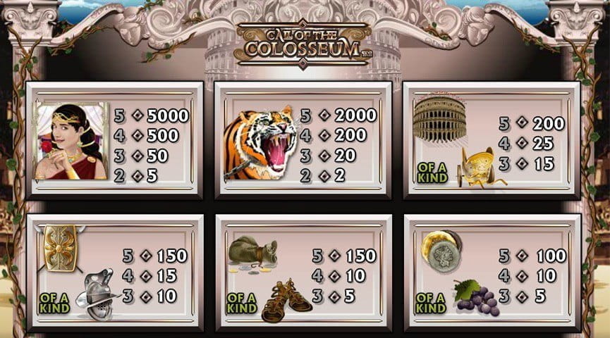 Call of the Colosseum Paytable