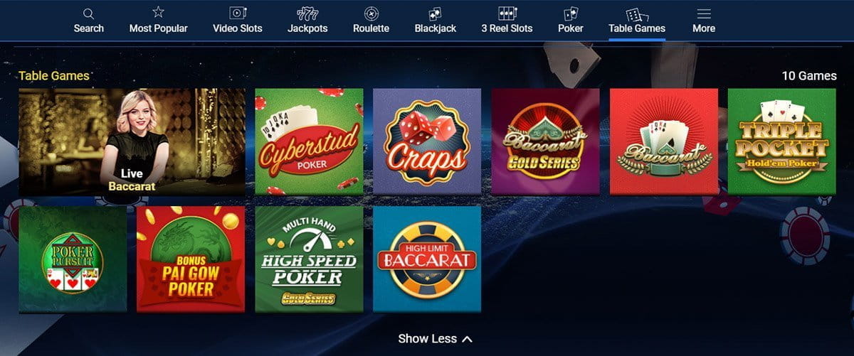 The Table Games Catalogue in Casino of Dreams