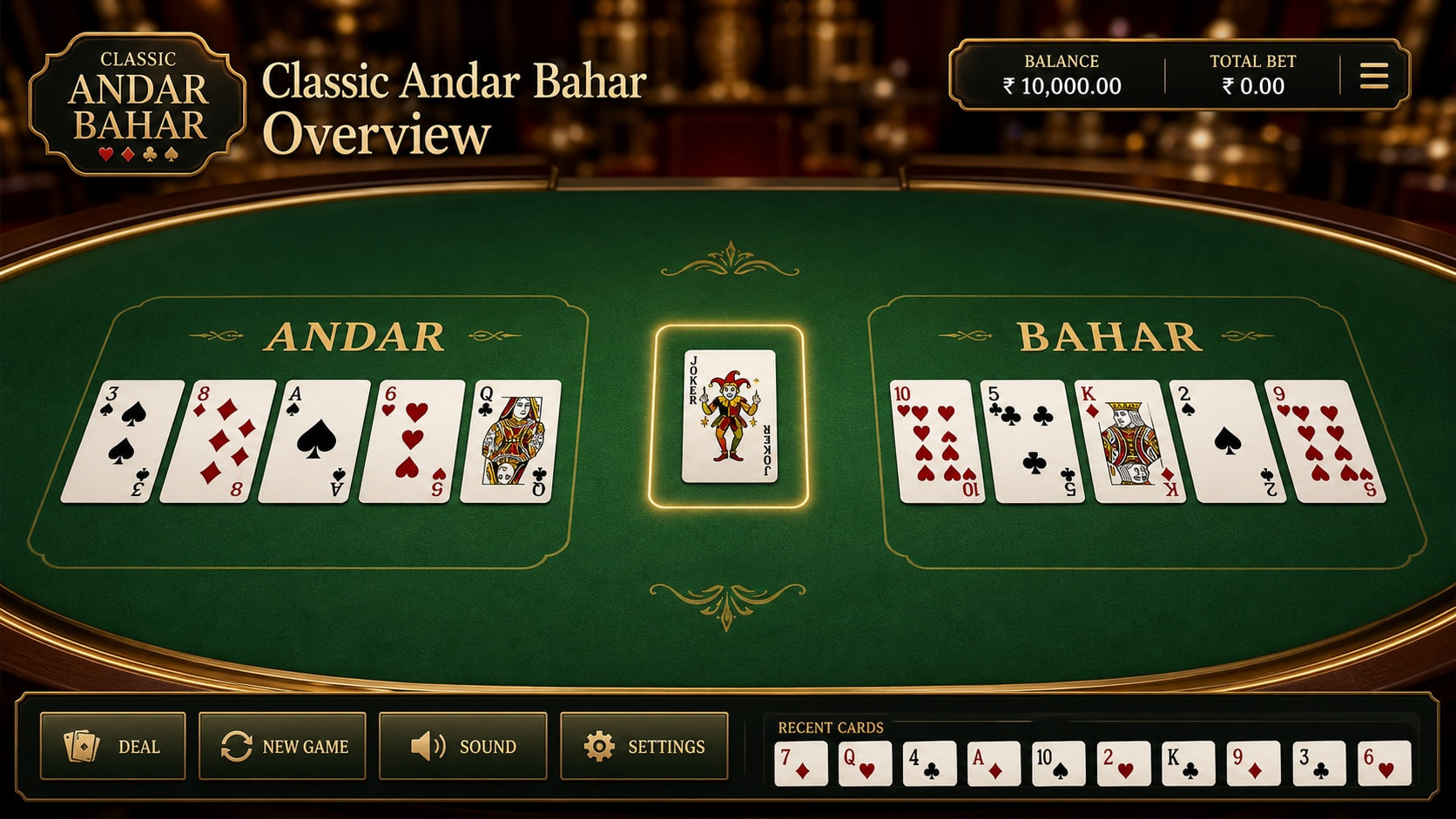 RNG Andar Bahar layout with single middle card and two sides