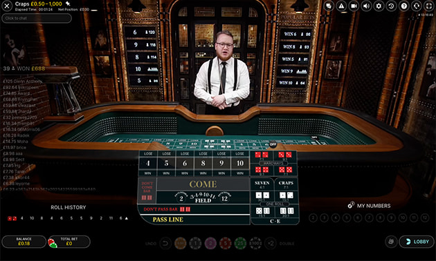 Online craps casino game with dealer, betting table and chips displayed