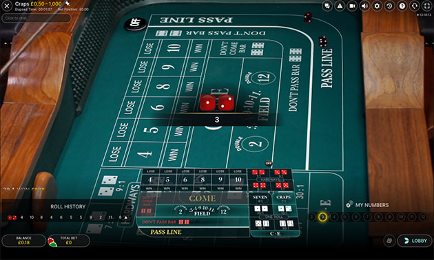 Craps dice roll on online casino table showing betting options and results