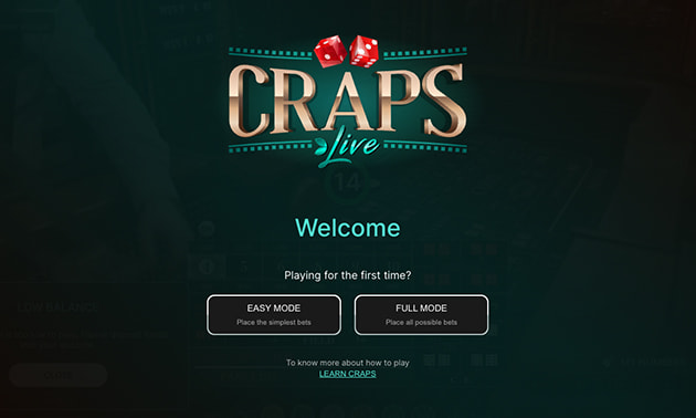 Craps Live welcome screen in online casino offering easy mode and full mode gameplay options