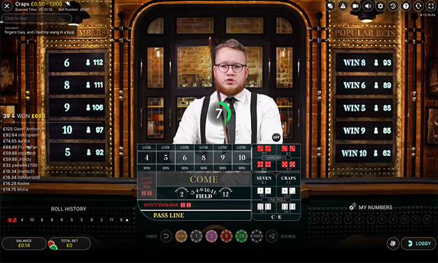 Live dealer hosting online casino craps game with betting interface on screen