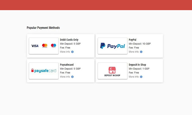 Online casino payment screen showing deposit methods like Visa, PayPal, Paysafecard and Deposit by Shop
