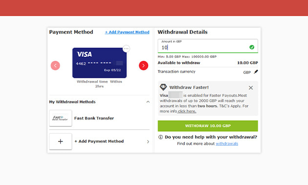Online casino payment screen for withdrawals with Visa card and bank transfer options