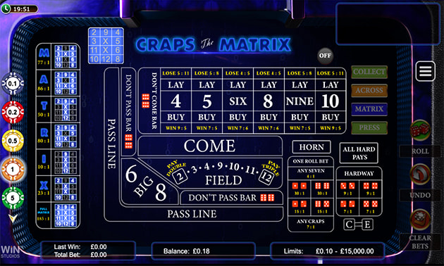 RNG craps game with digital table layout showing betting options and matrix design
