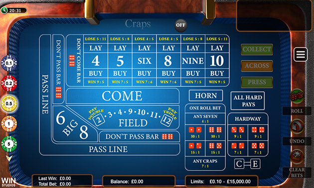 Classic style RNG craps online casino table with pass line and come bets