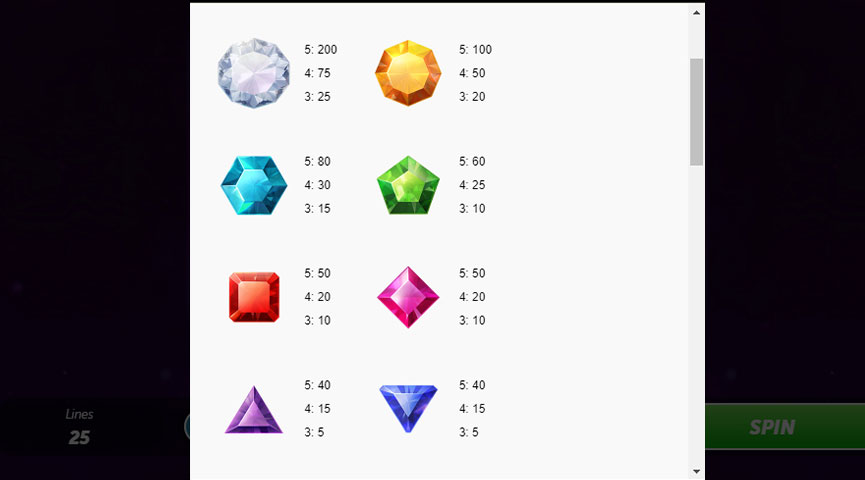 The Paytable of Diamond Stack Online Slot