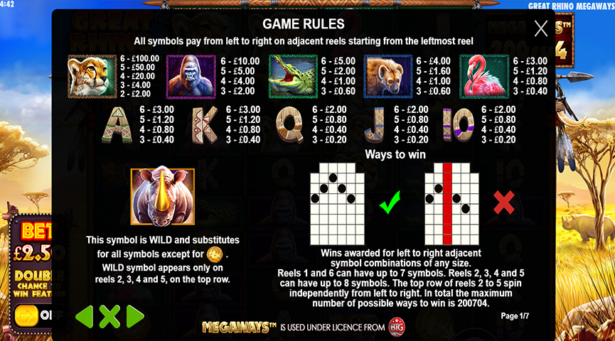 Paytable of Great Rhino Megaways Slot