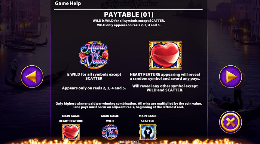 Paytable of Hearts of Venice Slot