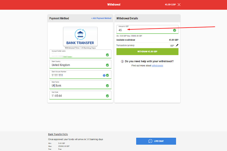Arrow Showing Withdrawal Confirmation