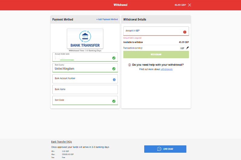 Withdrawal Information Filled
