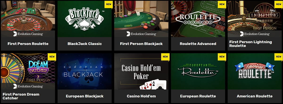 Hyper Casino Table Games Selection