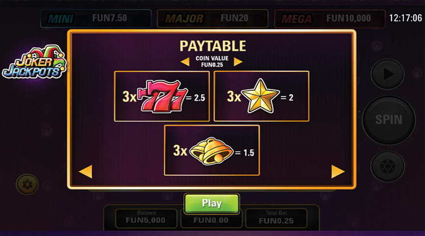 The Paytable of Joker Jackpots Online Slot