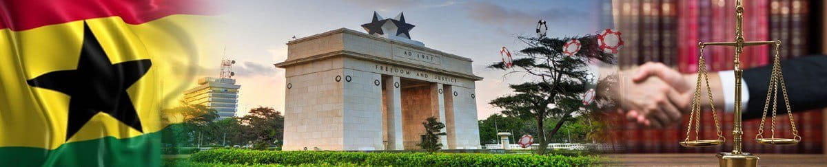 Flag of Ghana and a skyline. Two hands shake hands in front of a scale.