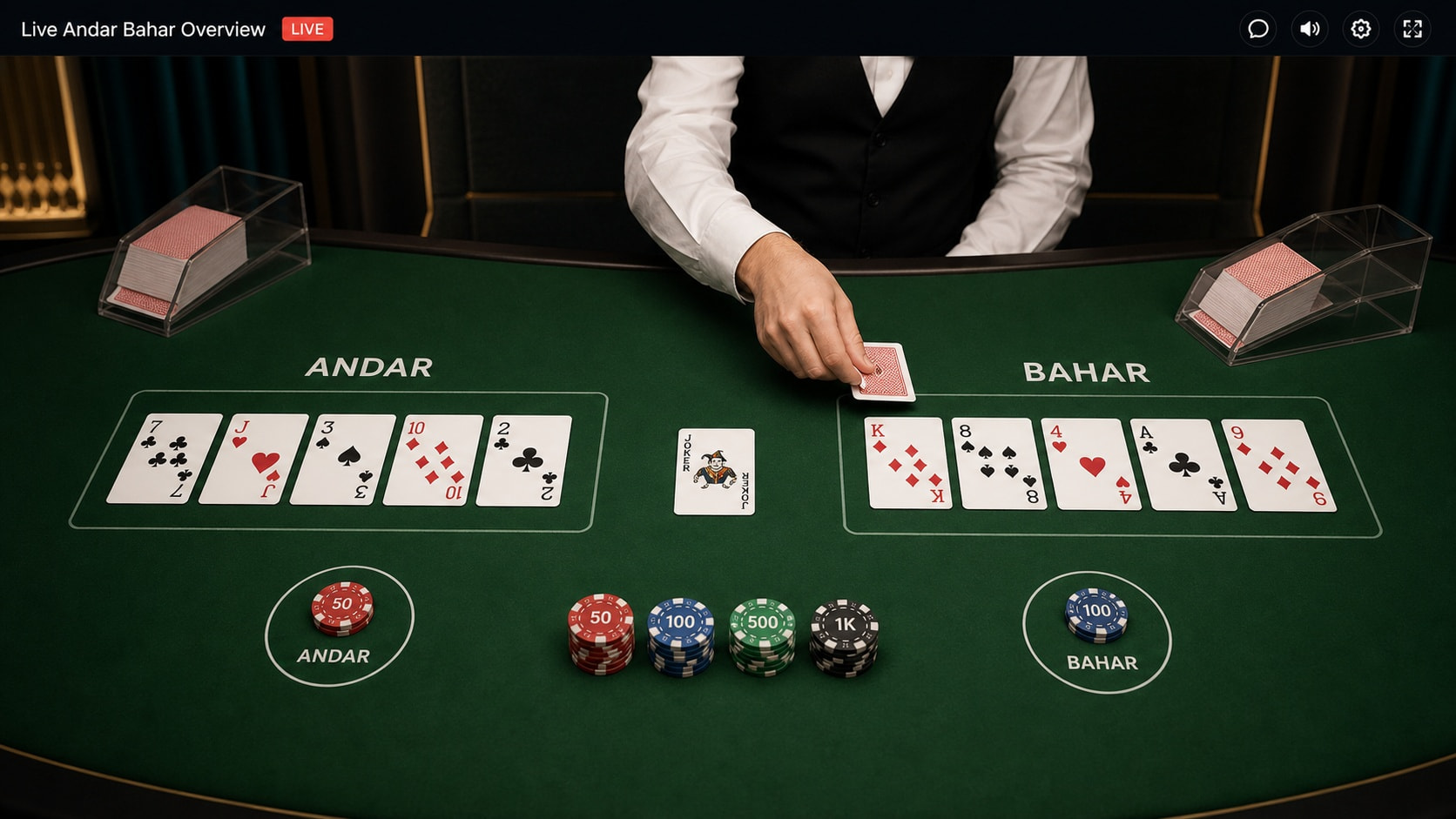 Live Andar Bahar table with dealer and Andar and Bahar betting sides