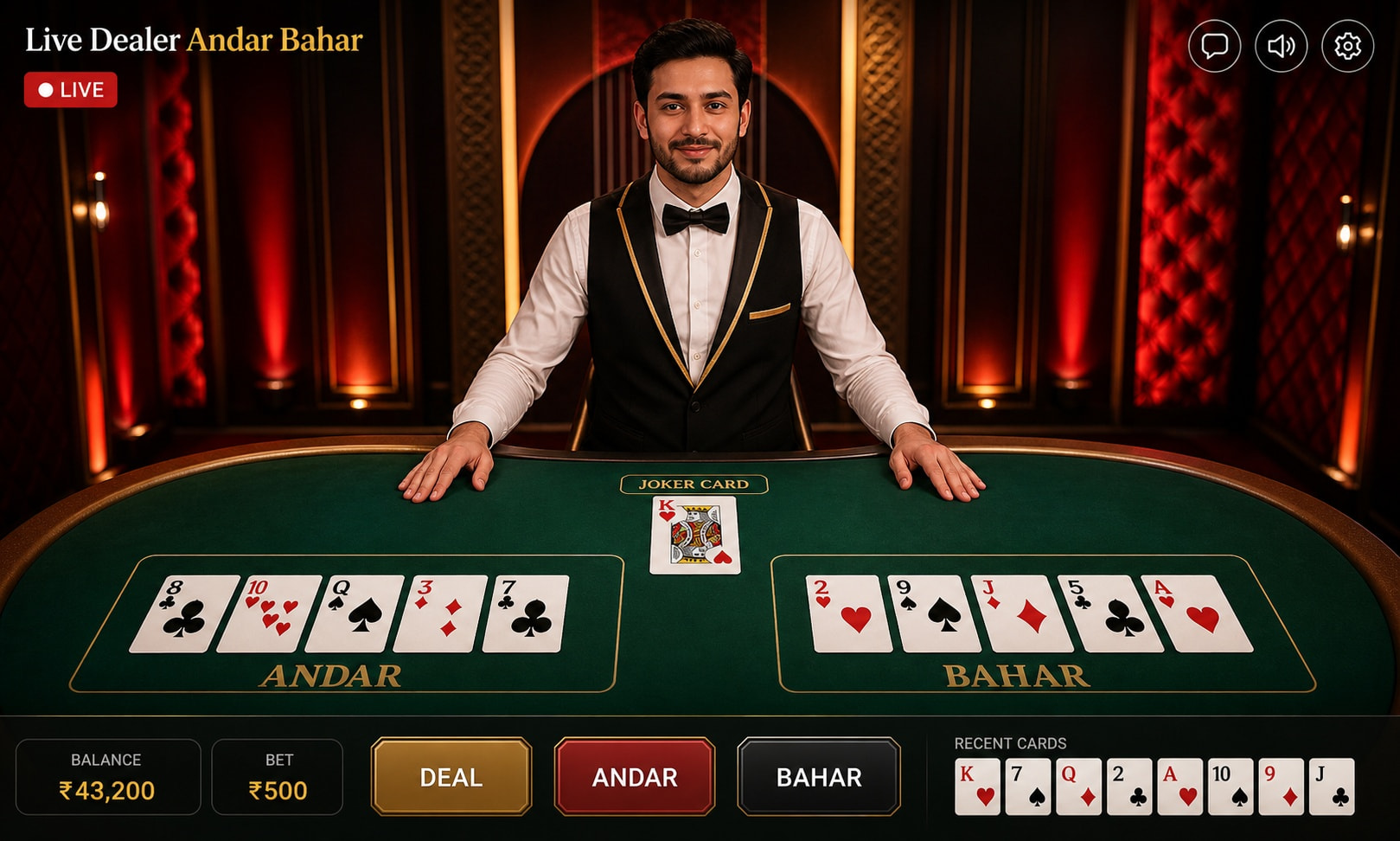 Live Dealer Andar Bahar with Hindi-speaking host and close-up card action