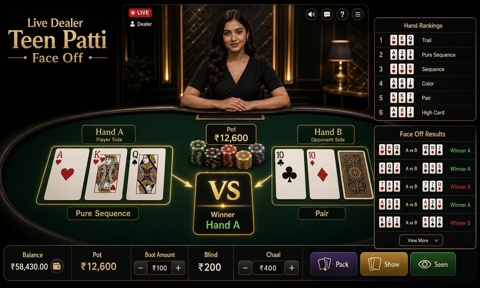 Live Dealer Teen Patti Face Off with themed studio and dealer