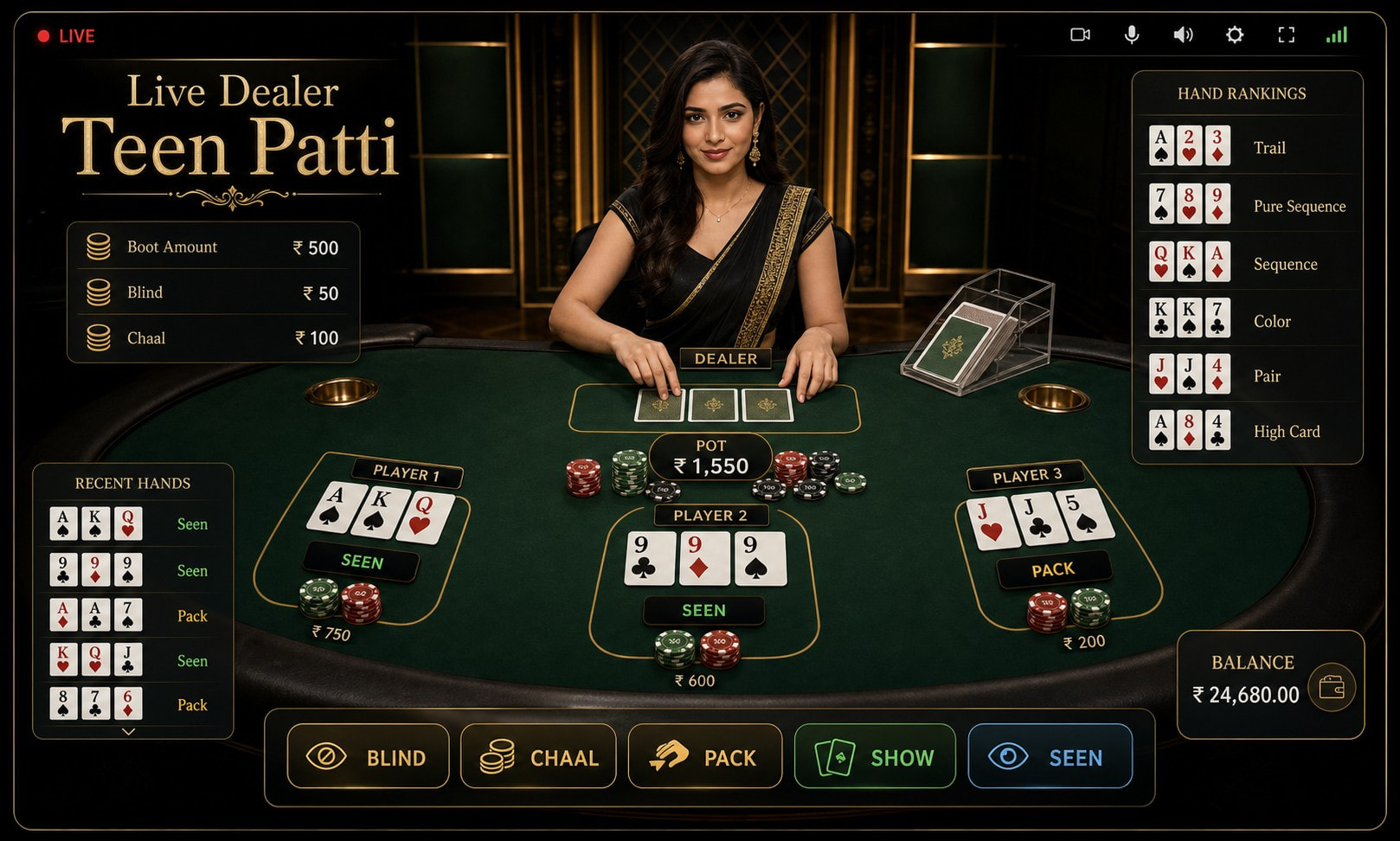 Live Dealer Teen Patti with Hindi-speaking host and close-up card action