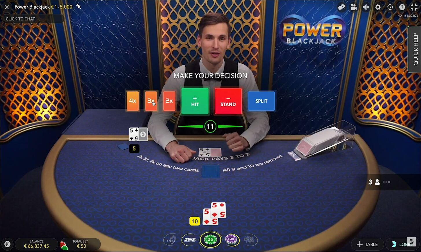 Live Dealer Power Blackjack table with betting options and dealer
